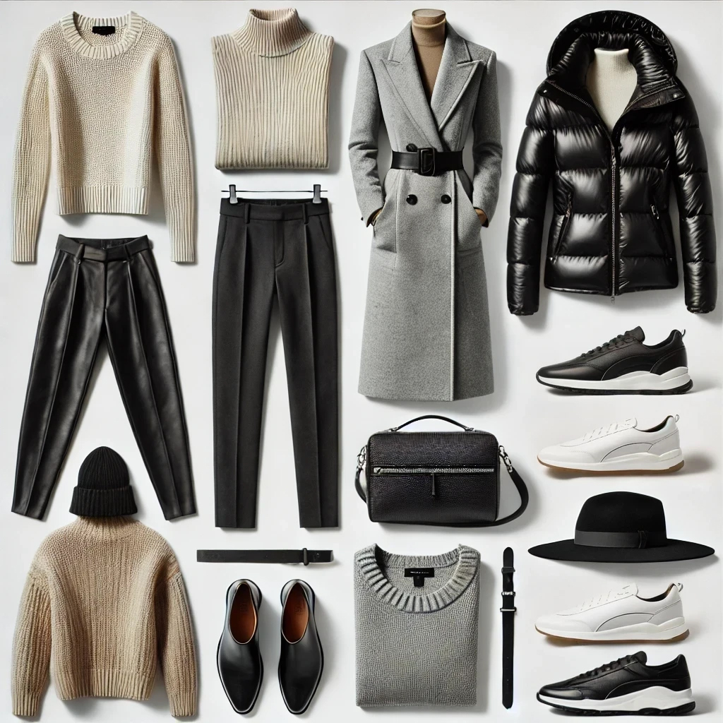 a neatly organized collection of winter clothing items and accessories, perfect for a stylish trip to Paris in December. The layout includes neutral-toned sweaters, a wool trench coat, leather pants, a padded puffer jacket, casual sneakers, a wool hat, leather boots, and a handbag. The items reflect a modern, chic winter wardrobe suitable for cold weather and a fashionable city look.