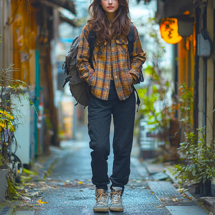 A woman in a plaid shirt and backpack strolls through a narrow, lantern-lit street framed by lush greenery, dressed for an urban outdoor adventure.