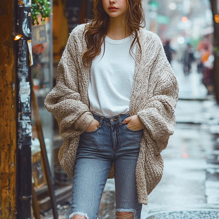 A young woman wearing a chunky knit cardigan over a white t-shirt and ripped jeans stands casually on a rainy street, exuding a cozy and laid-back vibe.