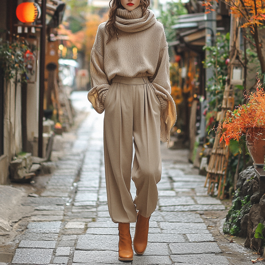 A stylish woman in a beige oversized sweater and pleated trousers walks down a cobblestone street lined with lantern-lit shops and autumnal foliage.