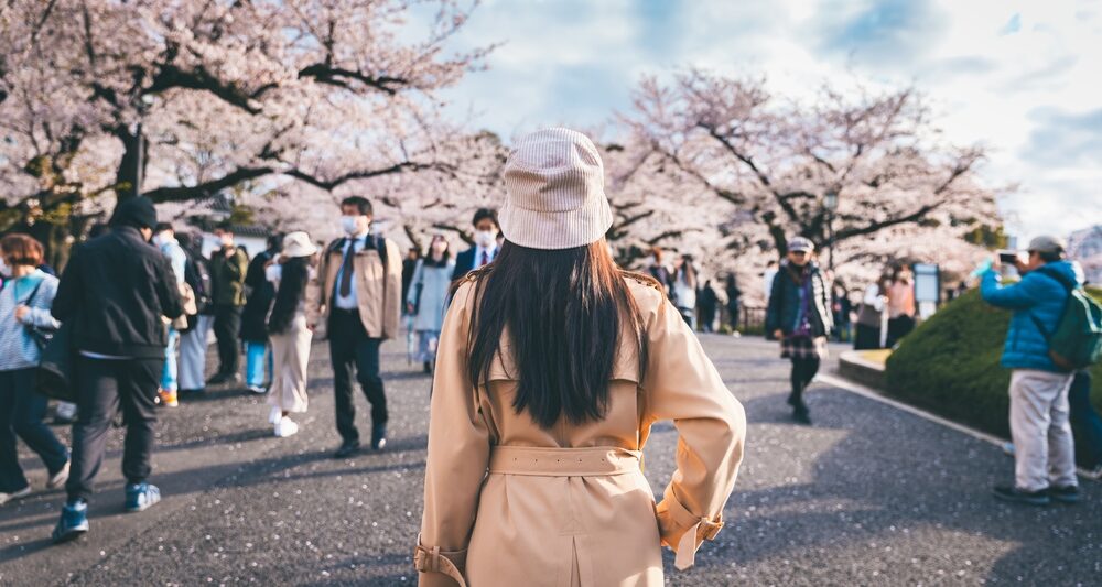 woman standing in pink coat in front of cherry blossom trees in Japan