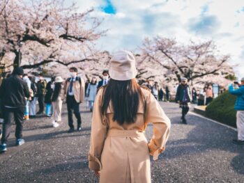 woman standing in pink coat in front of cherry blossom trees in Japan