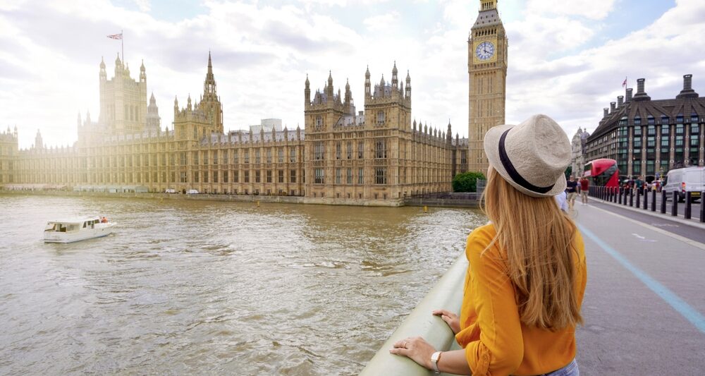 woman in yellow sweater standing in front of big ben in london in spring