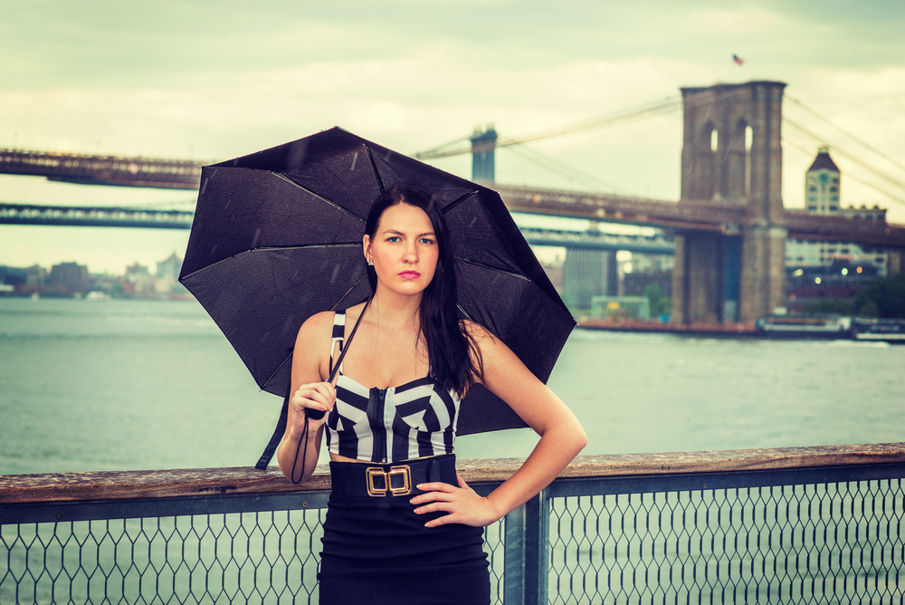 a woman is standing up against a fence while holding an umbrella and putting her hand on her hip, a bridge and river is in the background, what to wear in nyc in summer