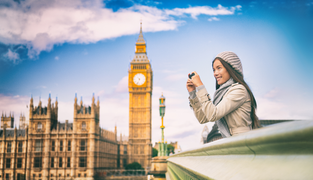 A young woman takes photos over the bridge, with Big Ben in the background: her hair is dark and her wool cap keeps are warm. 