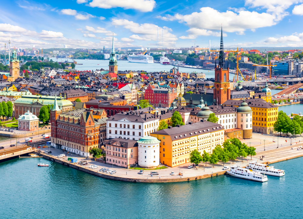 The Nordic city of Stockholm from Ariel view showing the waterways, old city, and church spires