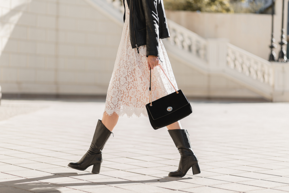 When wondering what to wear in Europe in Summer, think cool and comfort, like this model did with her ankle boots and a-line skirt! 