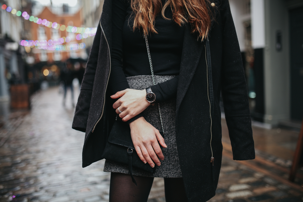 A zoomed in outfit shows a woman standing in a street, and not wondering what to wear in New York in fall as she has got it down with fleece tights, a wool skirt, a black shirt and a black jacket. 