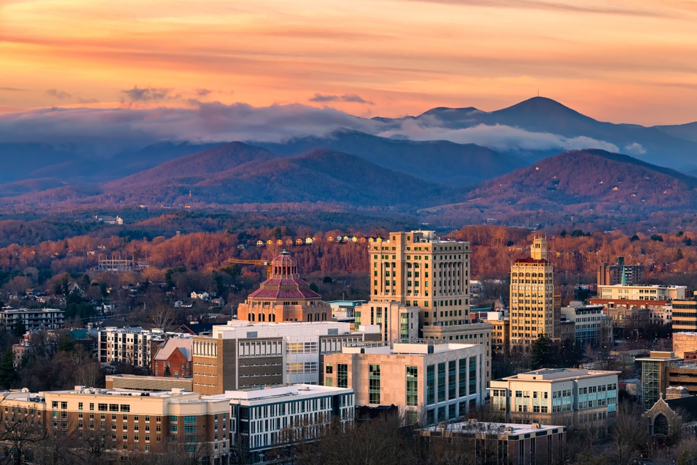 Morning view of downtown Asheville North Carolina in the fall